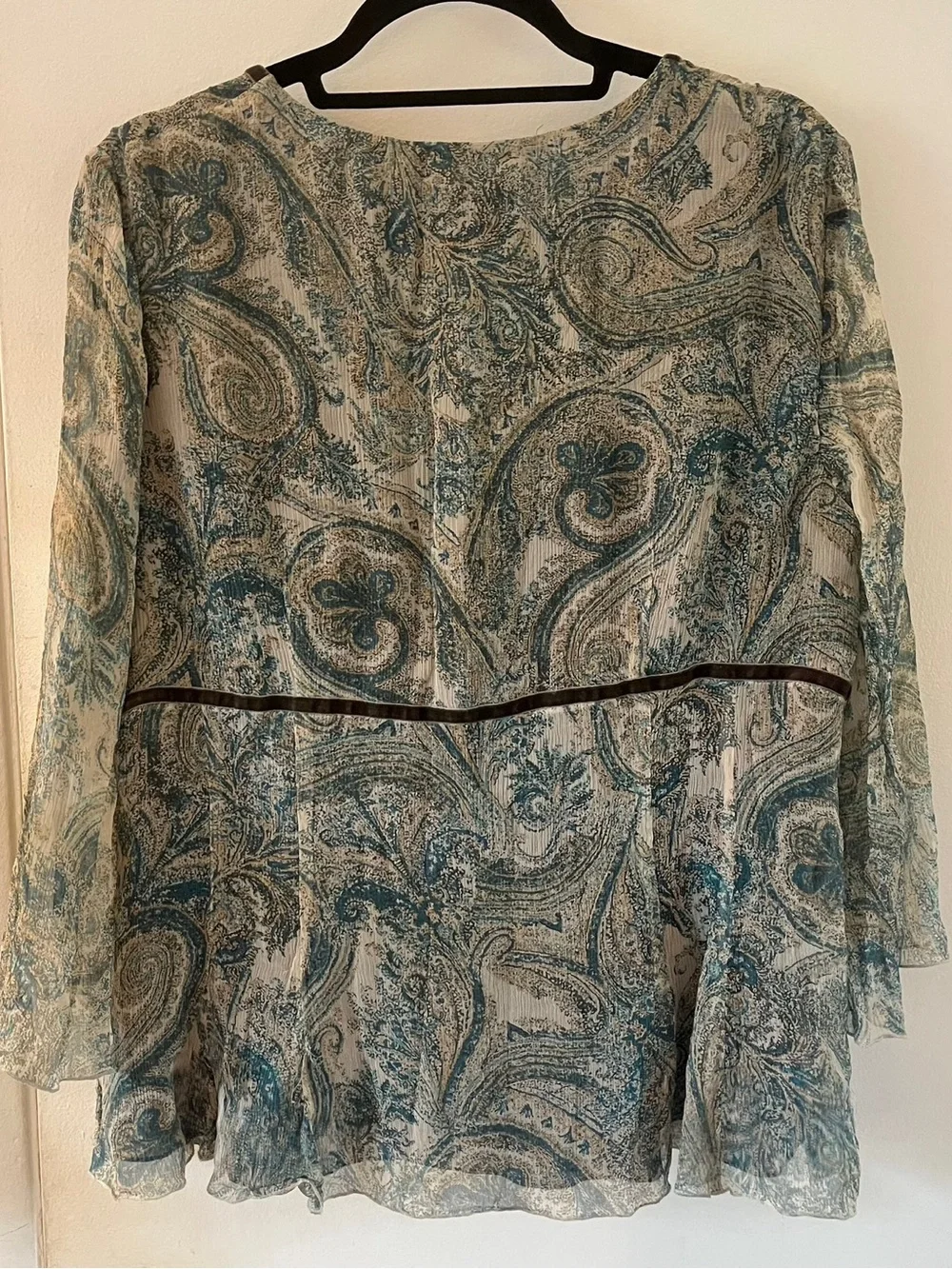 Y2K Silk Blouse Paisley Fairy Bell Sleeves Flowy Dainty Boho Velvet Detail - Picture 5 of 10